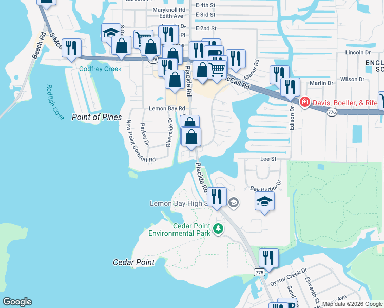 map of restaurants, bars, coffee shops, grocery stores, and more near 1990 Placida Road in Englewood