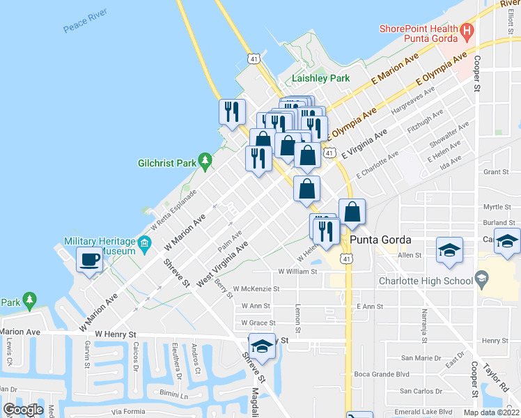 map of restaurants, bars, coffee shops, grocery stores, and more near 503 Palm Avenue in Punta Gorda