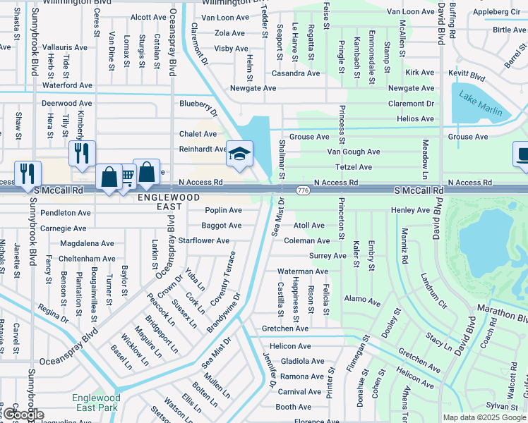 map of restaurants, bars, coffee shops, grocery stores, and more near 6989 Brandywine Drive in Englewood