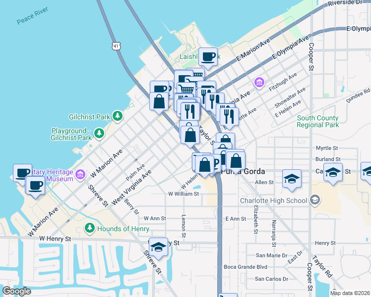 map of restaurants, bars, coffee shops, grocery stores, and more near 425 Cross Street in Punta Gorda