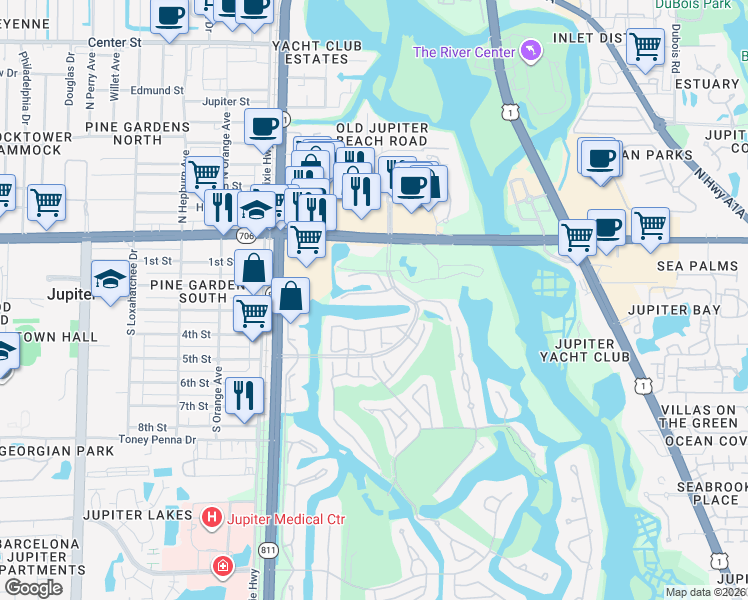 map of restaurants, bars, coffee shops, grocery stores, and more near 3782 Longview Court in Jupiter