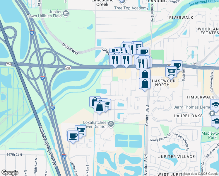 map of restaurants, bars, coffee shops, grocery stores, and more near 17313 Roosevelt Road in Jupiter