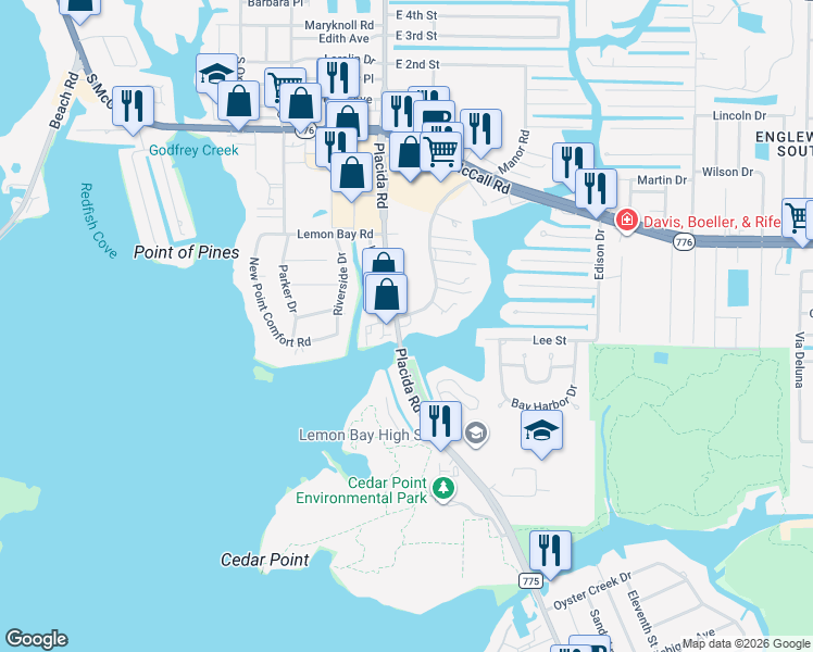 map of restaurants, bars, coffee shops, grocery stores, and more near 1990 Placida Road in Englewood