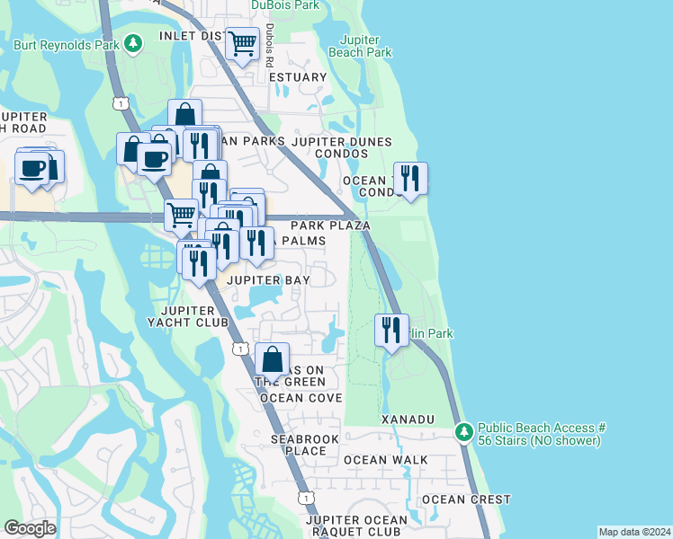 map of restaurants, bars, coffee shops, grocery stores, and more near 120 Bella Vista Court North in Jupiter