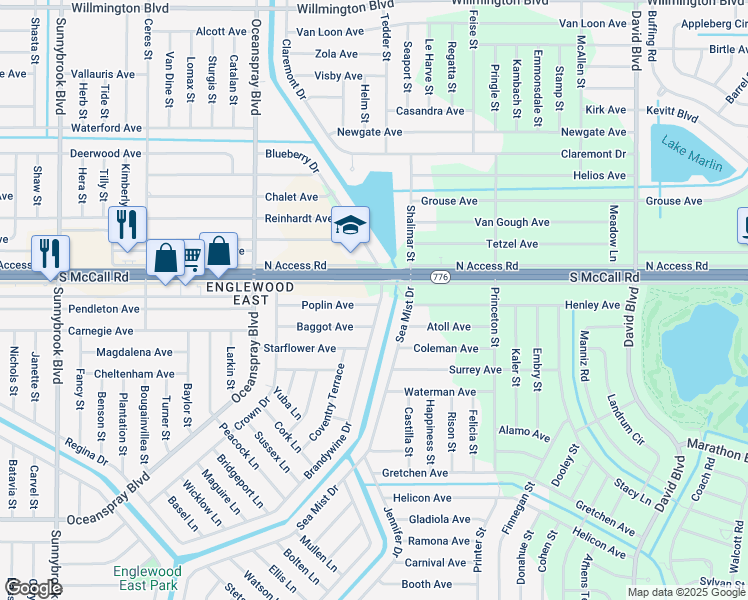 map of restaurants, bars, coffee shops, grocery stores, and more near 11440 Poplin Avenue in Englewood