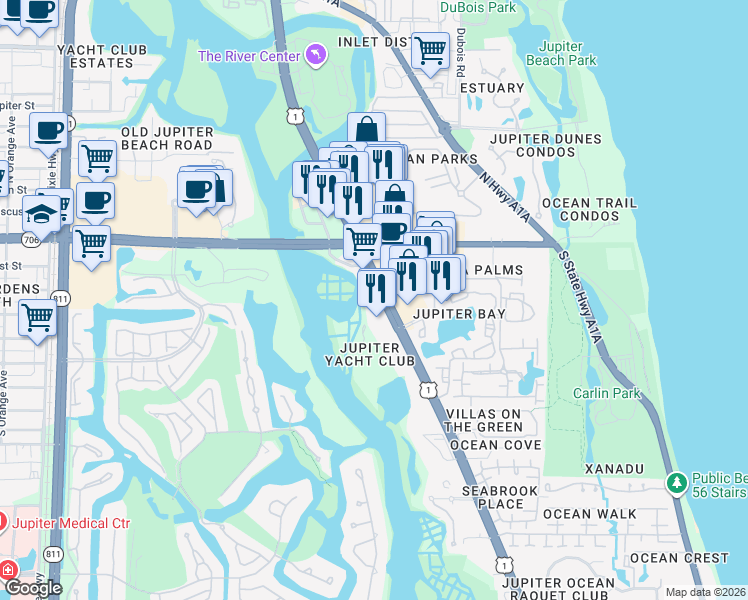 map of restaurants, bars, coffee shops, grocery stores, and more near 204 South US Highway 1 in Jupiter
