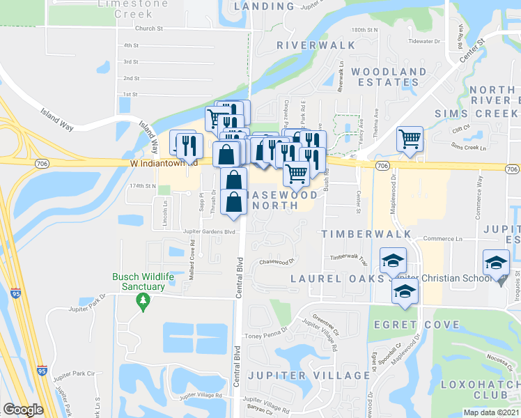 map of restaurants, bars, coffee shops, grocery stores, and more near 17403 Central Boulevard in Jupiter