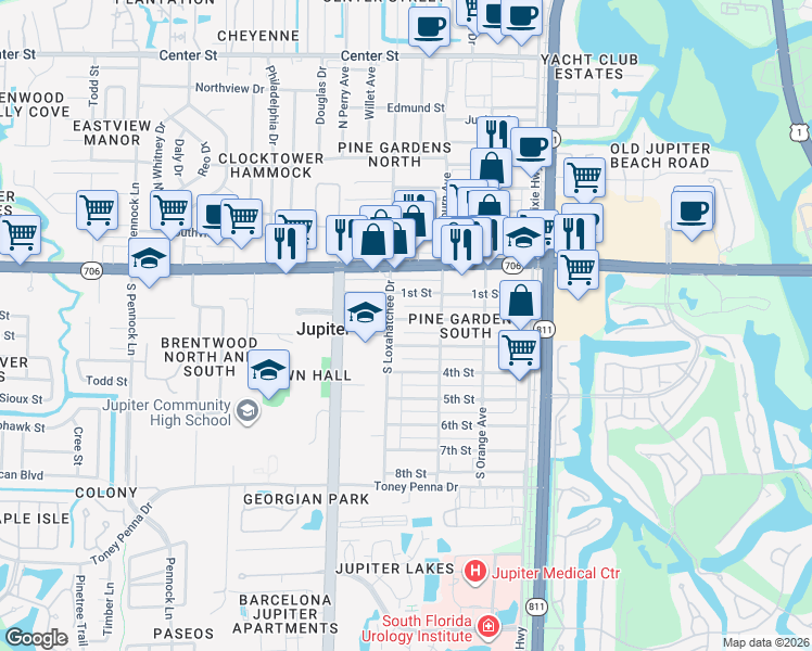 map of restaurants, bars, coffee shops, grocery stores, and more near 316 2nd Street in Jupiter
