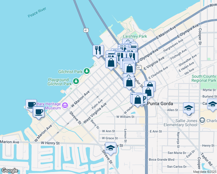 map of restaurants, bars, coffee shops, grocery stores, and more near 429 West Olympia Avenue in Punta Gorda