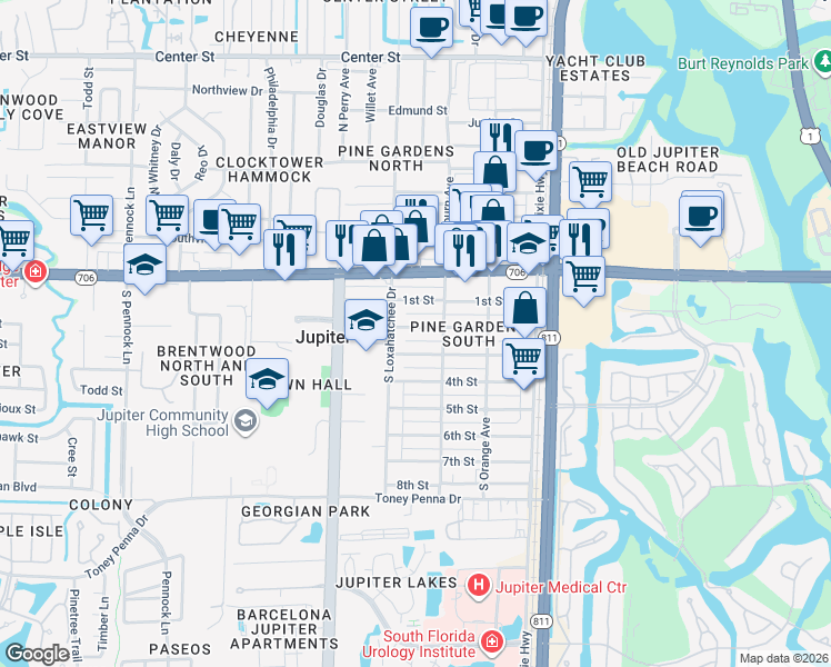 map of restaurants, bars, coffee shops, grocery stores, and more near 312 2nd Street in Jupiter