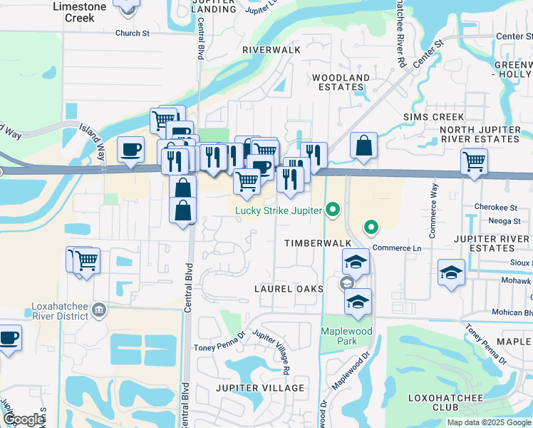 map of restaurants, bars, coffee shops, grocery stores, and more near 17378 Sentimental Journey in Jupiter