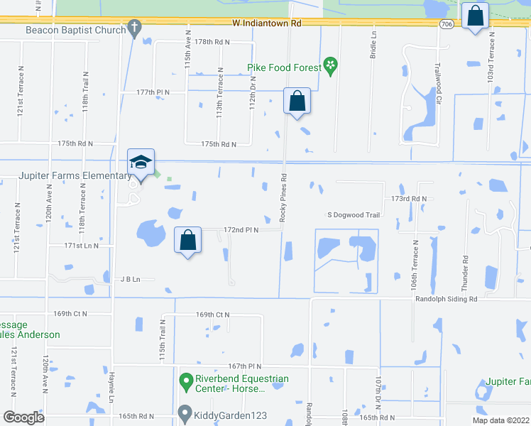 map of restaurants, bars, coffee shops, grocery stores, and more near 17331 Rocky Pines Road in Jupiter
