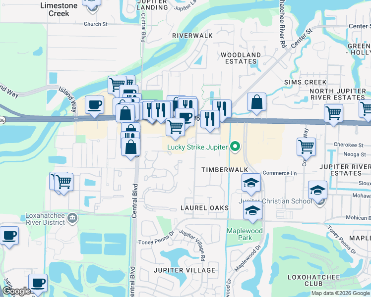 map of restaurants, bars, coffee shops, grocery stores, and more near 17378 Sentimental Journey in Jupiter