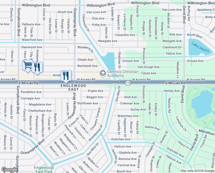 map of restaurants, bars, coffee shops, grocery stores, and more near 6949 Brandywine Drive in Englewood