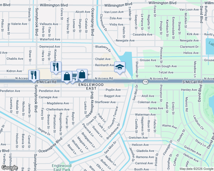 map of restaurants, bars, coffee shops, grocery stores, and more near 4459 South Access Road in Englewood