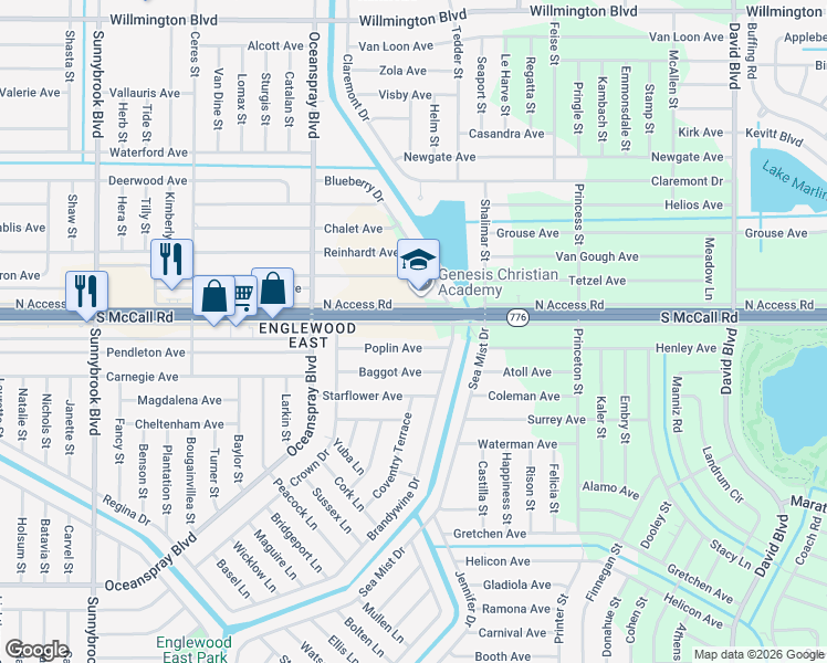 map of restaurants, bars, coffee shops, grocery stores, and more near 4507 South Access Road in Englewood