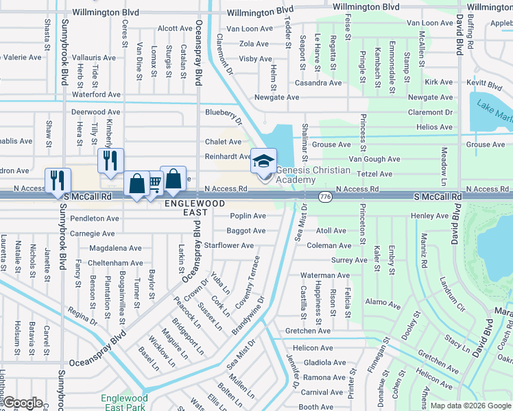 map of restaurants, bars, coffee shops, grocery stores, and more near 4507 South Access Road in Englewood