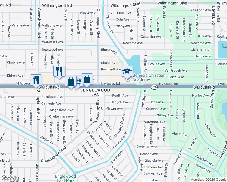 map of restaurants, bars, coffee shops, grocery stores, and more near 4459 South Access Road in Englewood