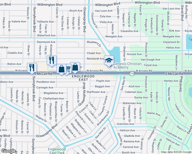 map of restaurants, bars, coffee shops, grocery stores, and more near 4459 South Access Road in Englewood