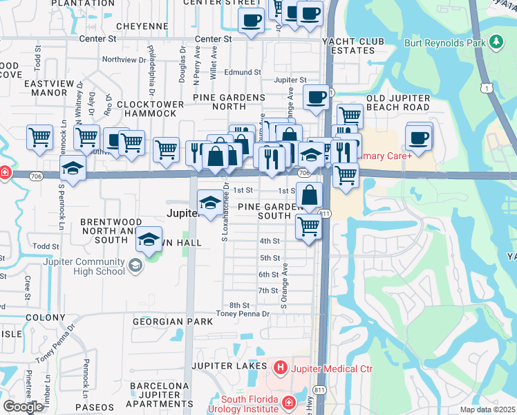 map of restaurants, bars, coffee shops, grocery stores, and more near 300 2nd Street in Jupiter