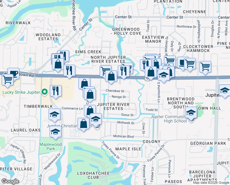 map of restaurants, bars, coffee shops, grocery stores, and more near 1209 Cherokee Street in Jupiter