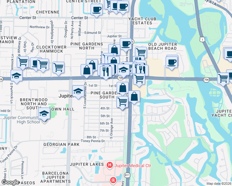 map of restaurants, bars, coffee shops, grocery stores, and more near 139 2nd Street in Jupiter