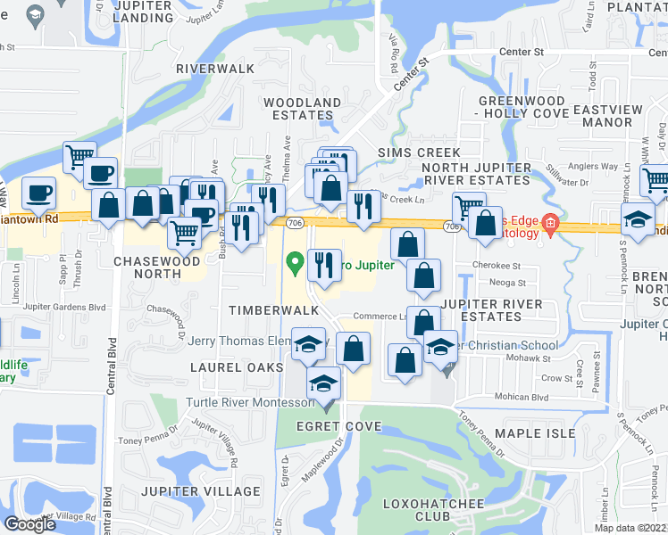 map of restaurants, bars, coffee shops, grocery stores, and more near 1694 West Indiantown Road in Jupiter