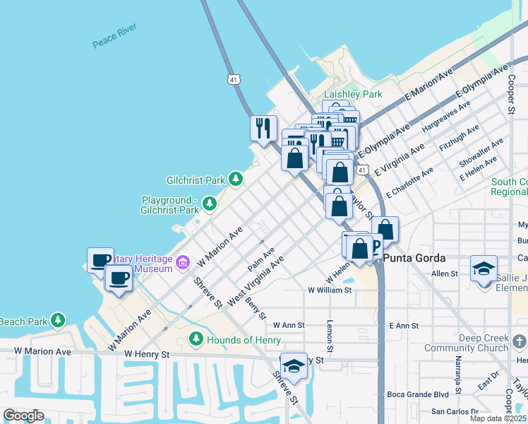 map of restaurants, bars, coffee shops, grocery stores, and more near 507 West Marion Avenue in Punta Gorda