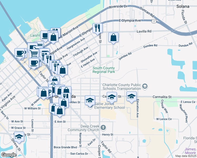 map of restaurants, bars, coffee shops, grocery stores, and more near 801 Cooper Street in Punta Gorda