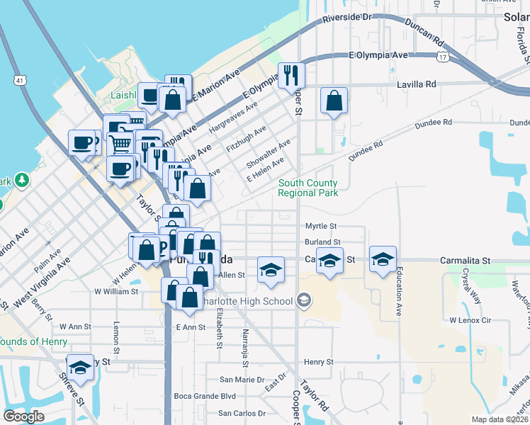 map of restaurants, bars, coffee shops, grocery stores, and more near 340 Gulf Breeze Avenue in Punta Gorda