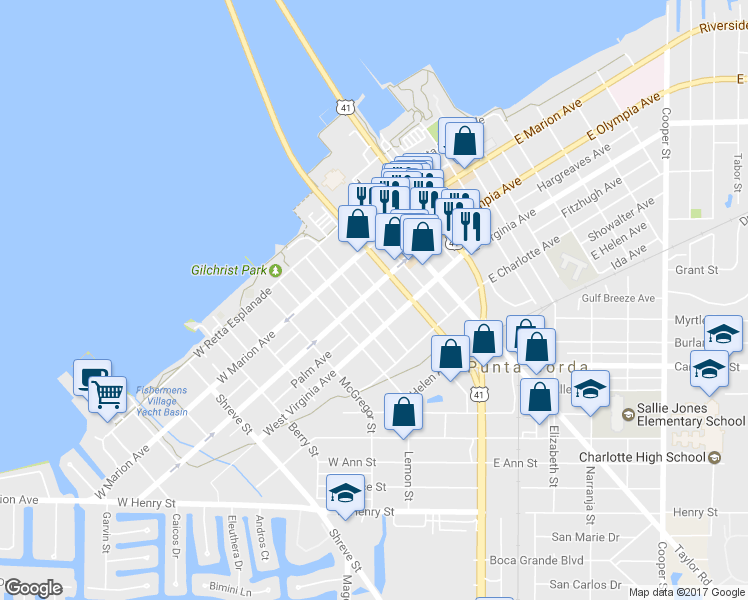 map of restaurants, bars, coffee shops, grocery stores, and more near 312 Goldstein Street in Punta Gorda
