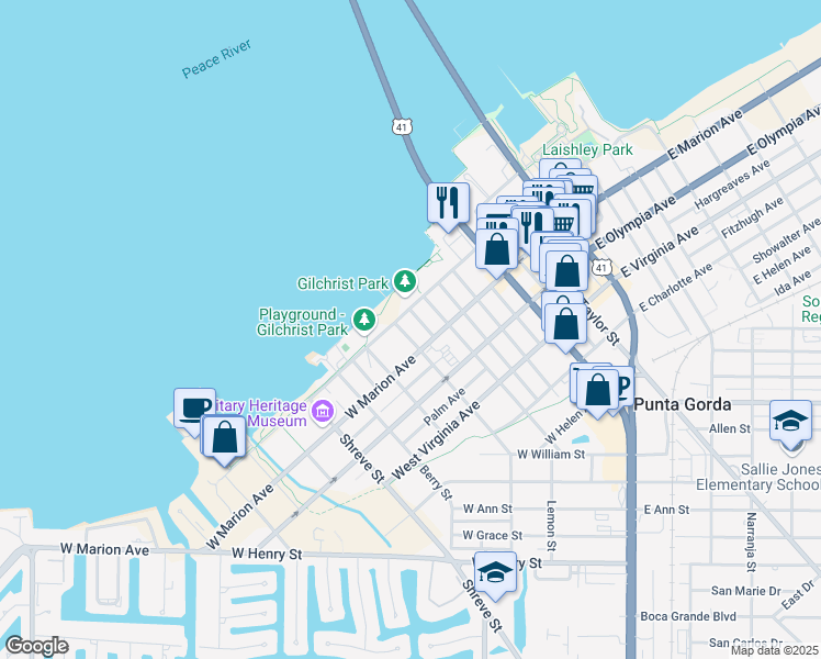 map of restaurants, bars, coffee shops, grocery stores, and more near 112 McGregor Street in Punta Gorda