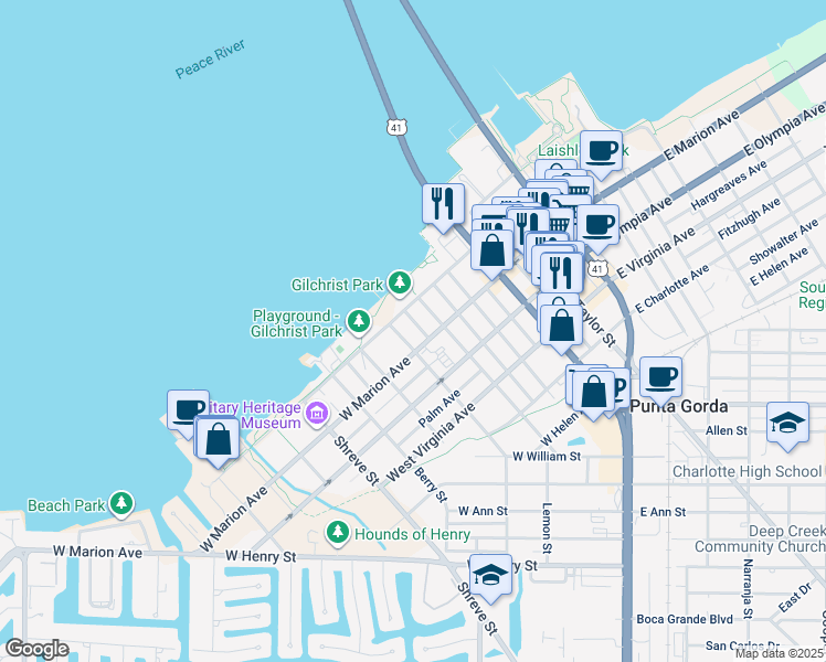 map of restaurants, bars, coffee shops, grocery stores, and more near 112 McGregor Street in Punta Gorda