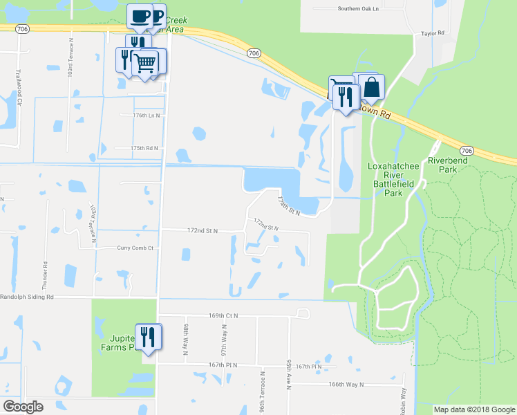 map of restaurants, bars, coffee shops, grocery stores, and more near 9645 172nd Street North in Jupiter