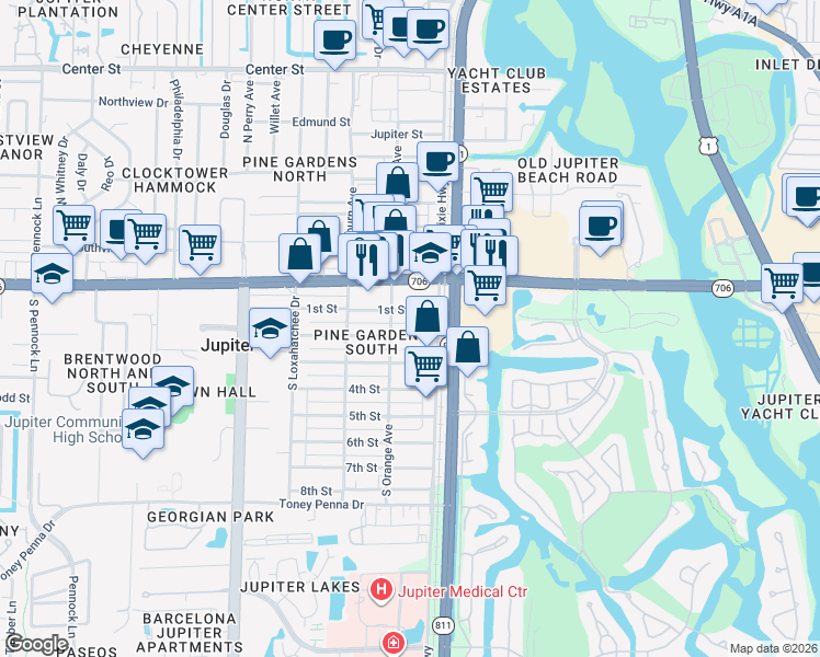 map of restaurants, bars, coffee shops, grocery stores, and more near 139 2nd Street in Jupiter