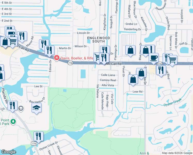 map of restaurants, bars, coffee shops, grocery stores, and more near 232 Via Deluna in Englewood
