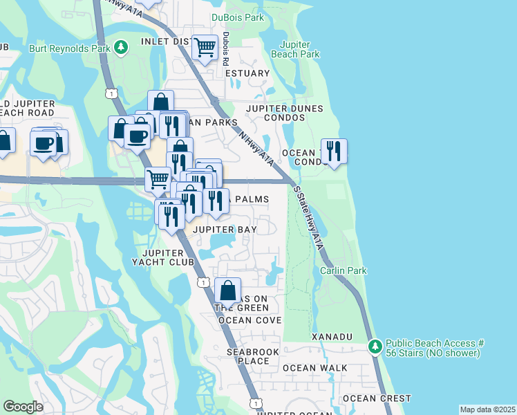 map of restaurants, bars, coffee shops, grocery stores, and more near 29 Seminole Avenue in Jupiter
