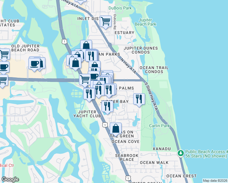 map of restaurants, bars, coffee shops, grocery stores, and more near 20 Seminole Avenue in Jupiter