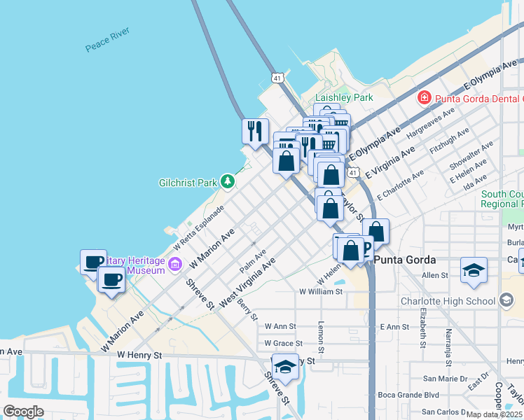 map of restaurants, bars, coffee shops, grocery stores, and more near 507 West Marion Avenue in Punta Gorda