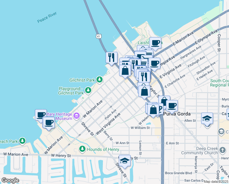 map of restaurants, bars, coffee shops, grocery stores, and more near 507 West Marion Avenue in Punta Gorda