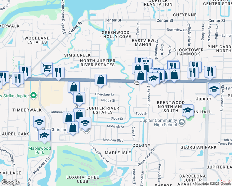 map of restaurants, bars, coffee shops, grocery stores, and more near 1111 Cherokee Street in Jupiter