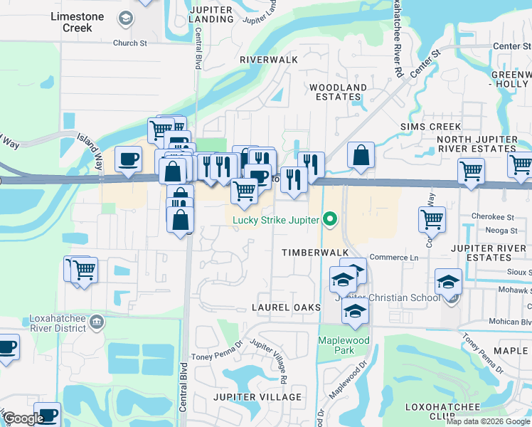 map of restaurants, bars, coffee shops, grocery stores, and more near 17378 Sentimental Journey in Jupiter