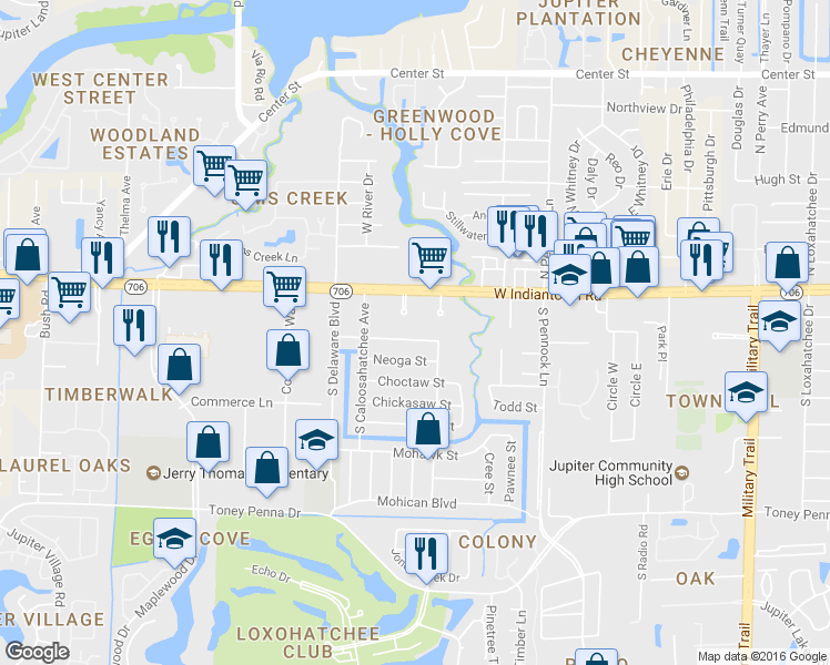 map of restaurants, bars, coffee shops, grocery stores, and more near 1111 Cherokee Street in Jupiter