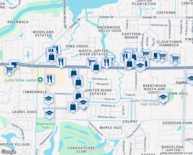 map of restaurants, bars, coffee shops, grocery stores, and more near 1209 Cherokee Street in Jupiter