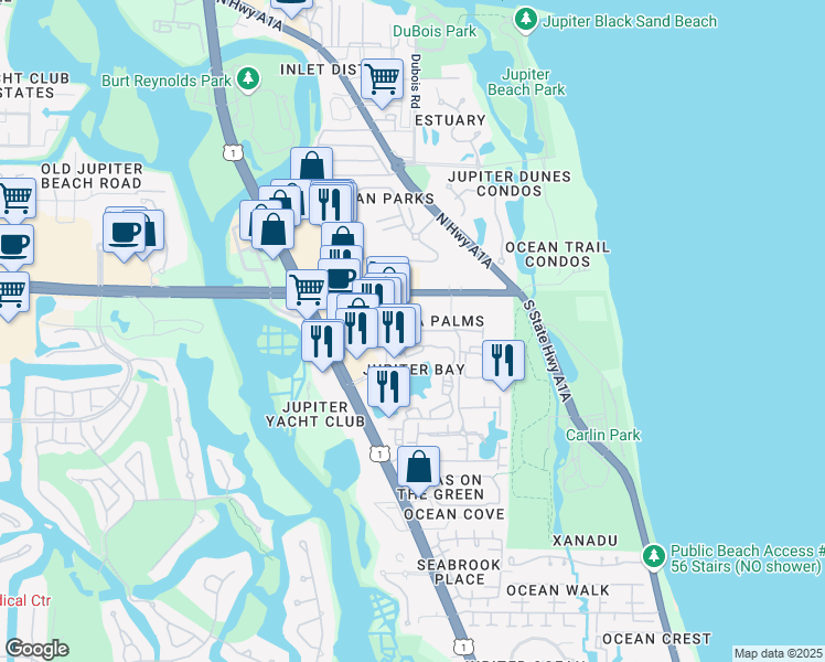 map of restaurants, bars, coffee shops, grocery stores, and more near 20 Seminole Avenue in Jupiter