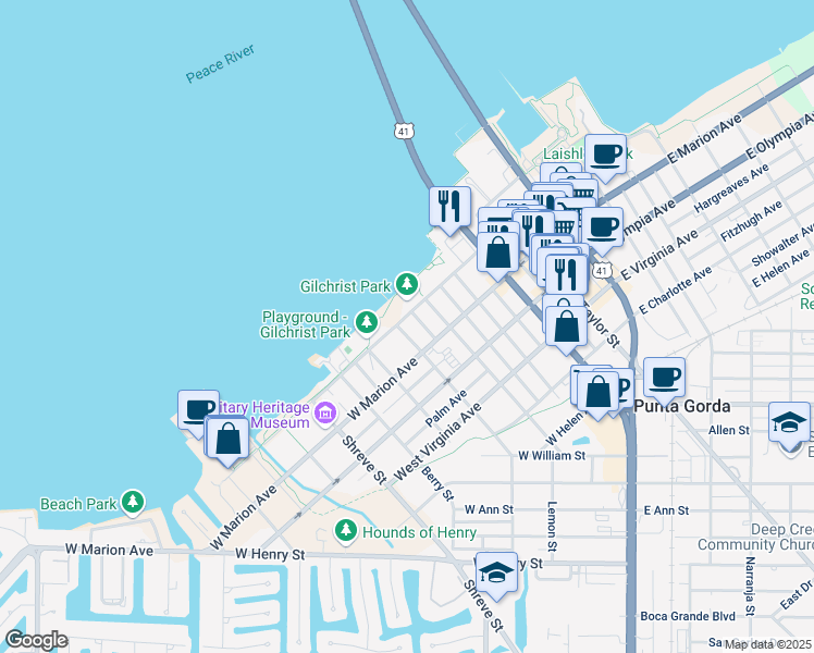map of restaurants, bars, coffee shops, grocery stores, and more near 112 McGregor Street in Punta Gorda