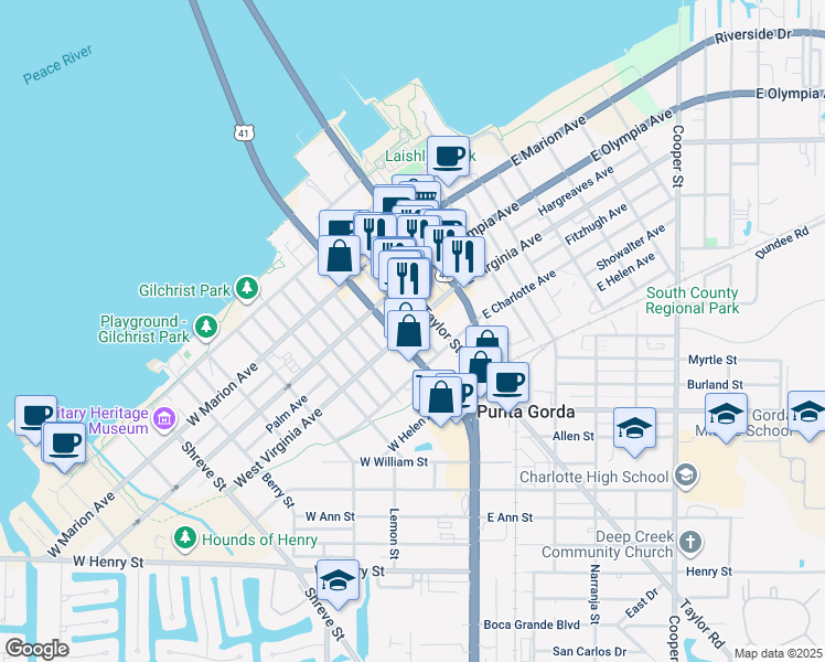 map of restaurants, bars, coffee shops, grocery stores, and more near 402 Cross Street in Punta Gorda
