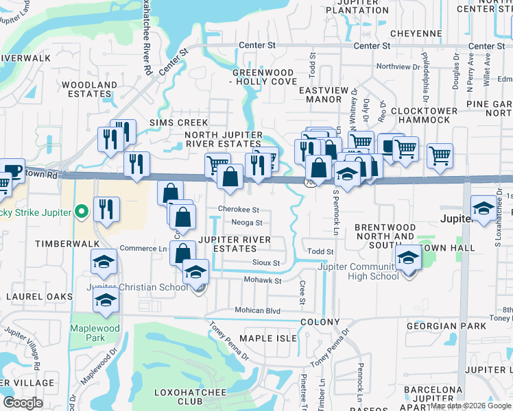 map of restaurants, bars, coffee shops, grocery stores, and more near 1111 Cherokee Street in Jupiter