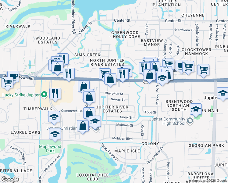 map of restaurants, bars, coffee shops, grocery stores, and more near 1209 Cherokee Street in Jupiter
