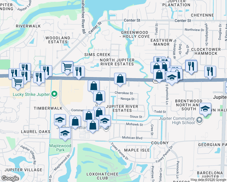 map of restaurants, bars, coffee shops, grocery stores, and more near 1227 Cherokee Street in Jupiter